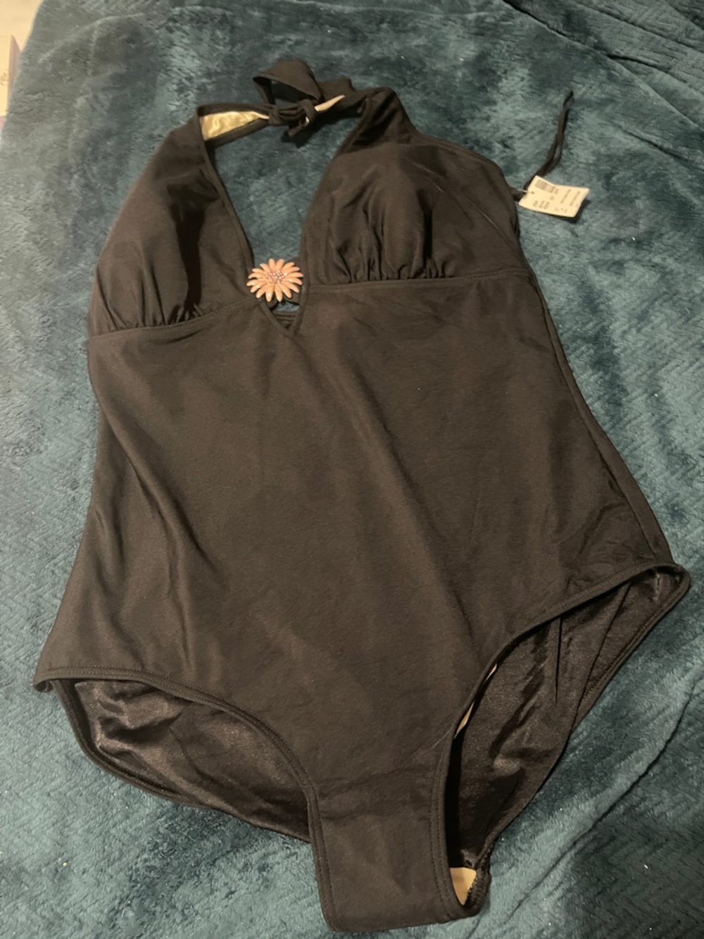 Avenue Black Halter Swimsuit with Pink Floral Accent